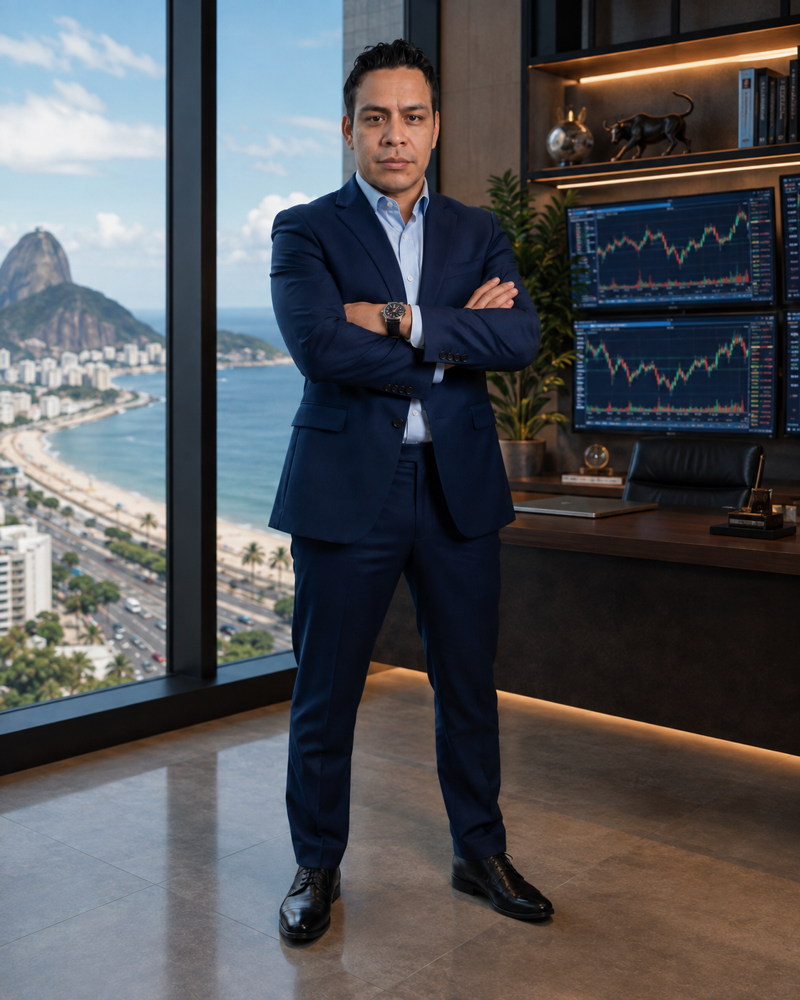 Sandro Silva em um escritório de operações financeiras com vista para o Rio de Janeiro